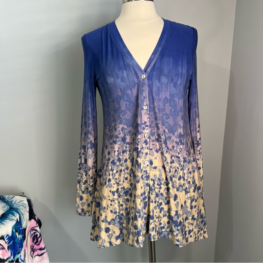 LOGO Lori Goldstein Size XXS Printed Ombre Knit Button Front Cardigan w/ Pockets
